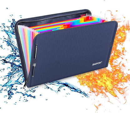 ENGPOW 13 Pocket Expanding File Folder,Fireproof Accordion File Folder Document Organizer with Zipper Closure,Portable Filing Organizer Safe with Colorful Tabs for A4/Letter Size Paper,Files(Blue)