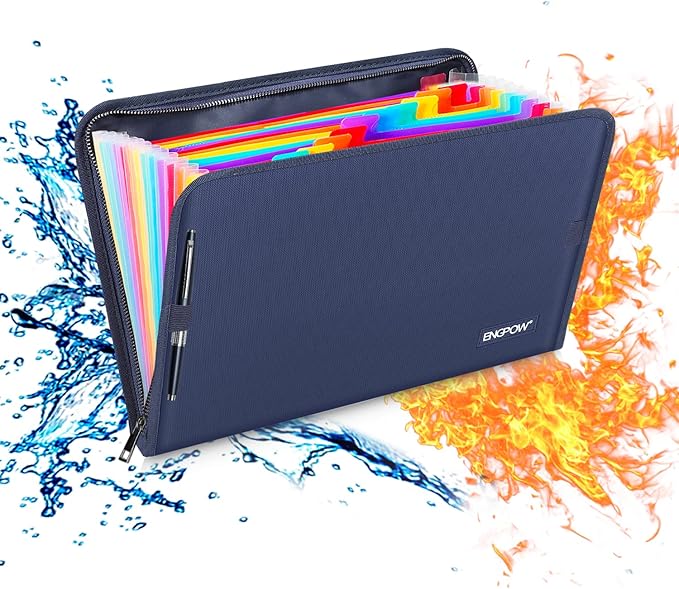 ENGPOW 13 Pocket Expanding File Folder,Fireproof Accordion File Folder Document Organizer with Zipper Closure,Portable Filing Organizer Safe with Colorful Tabs for A4/Letter Size Paper,Files(Blue)