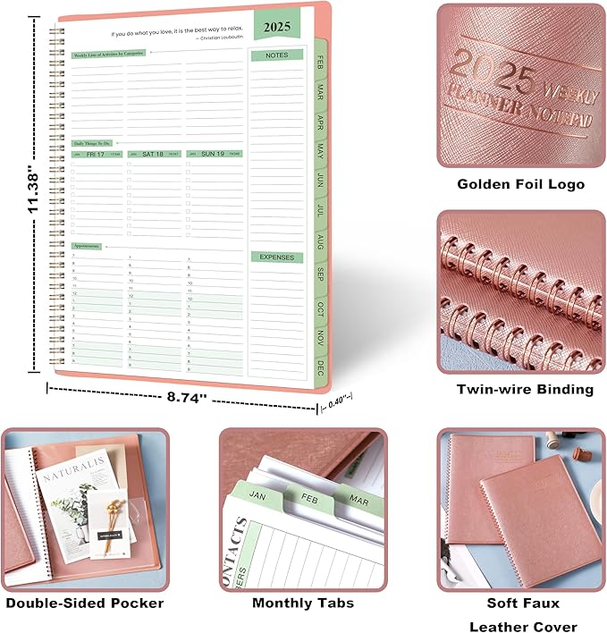 2025 Planner - Weekly & Monthly Planner Notepad 2025, 11.38'' x 8.74'', JAN. 2025 - DEC. 2025, Appointment Book, 60 Minutes Intervals, Monthly Tabs, Sturdy Cover, Spiral Bound, Back Pockets - Rose Golden