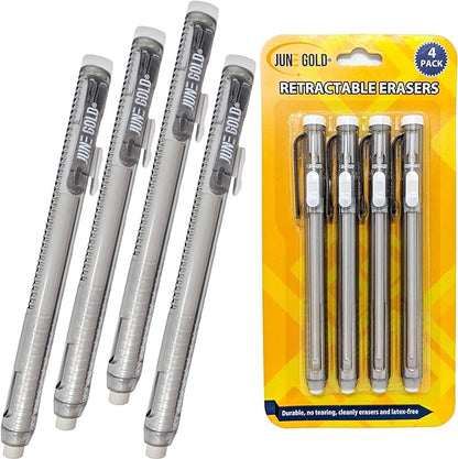 June Gold 4 Pack of Retractable Mechanical Pen Erasers - Latex-Free, White Vinyl, & Precision Erasing