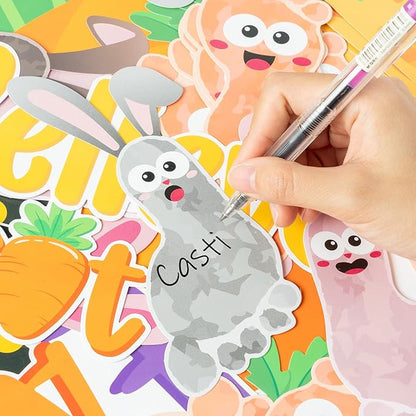 B1ykin 88Pcs Easter Footprint Carrot Bunny Bulletin Board Decoration, We Carrot Believe It’s Easter Cutout with Border Trim, Carrot Car Rabbit Footprints Supply for Kindergarten Preschool Chalkboard