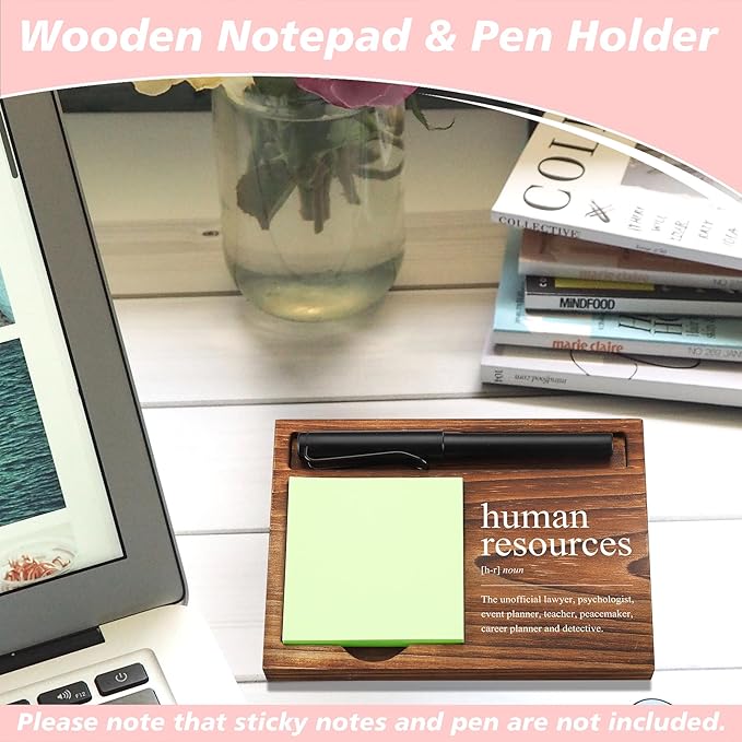Human Resources Sticky Note Holder Wooden Notepad & Pen Holder 6.5" x 4.7" Sticky Note Pad Holder Dispenser for Desk HR Definition Work Gifts, NPA190