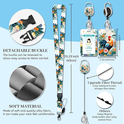 Lanyards for Id Badges, Chicken Floral Badge Holder with Retractable Reel Clip, Cute Work Name Tags Keychain Lanyard ID Card Protector Cover Case for Women Teacher Nurse Doctor Office