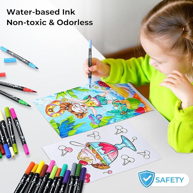 Ohuhu Markers for Adult Coloring Books No bleeding 120 Colors Coloring Markers Water-based Dual Tips Fineliner & Brush Drawing Pens Art Markers for Kids Adults Sketch Journal - Maui - Black