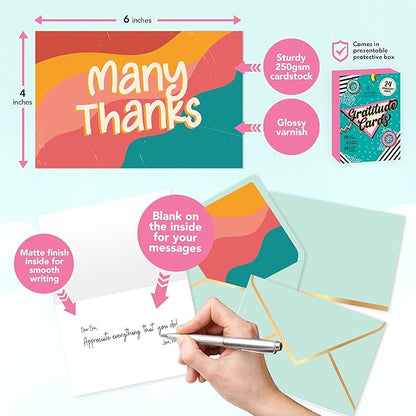 Decorably 24 Pack 6x4in Assorted Thank You Cards with Envelopes & Stickers, 24 Vibrant Designs Thank You Cards Variety Pack, Blank Inside - Birthday, School Events