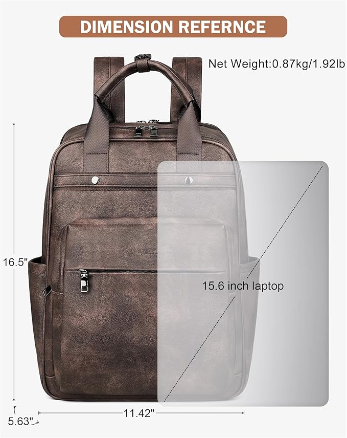 MASINTOR Leather Laptop Backpack for Women, Stylish Computer Backpack College Business Work Shoulder Bags Work and Travel Retro Coffee