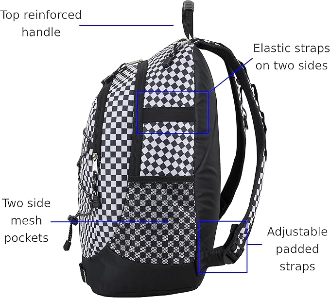 FUEL Hiking Checkered Black White Backpack for Women Men Terra Sport, Travel, College, Gym, Work with Laptop Sleeve, Bungee, 18 Inches