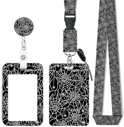 ID Badge Holder with Retractable Lanyard and Keychain, Badge Reel with Rotate Carabiner Clip,Spider Web Card Name Tag Lanyard ID Protector Bage Clips for Student, Women, Office