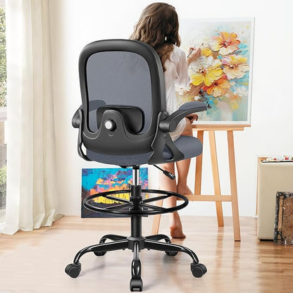 Drafting Chair, Tall Office Chair Ergonomic Standing Desk Chair,with Adjustable Footrest Ring, 3D Lumbar Support, Flip-up Armrests, Swivel Desk Stool for Drawing Working (Dark Gray)