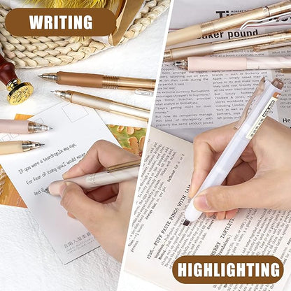 Four Candies 12Pack Pastel Gel Ink Pen Set, 11 Pack Black Ink Pens with 1Pack Highlighter for Writing, Retractable 0.5mm Fine Point Note Taking Pens for School Office (Brown)