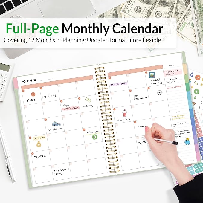 SUNEE Budget Planner - Monthly Budget Book with Expense Tracker Notebook, A4(8.5" x 11") Undated 12 Month Bill Organizer & Finance Planner to Manage Your Money, Account Book with Colorful Tab, Green