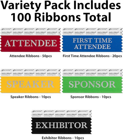 Conference Badge Ribbons with Adhesive, 3-1/2" x 1 5/8", 100pk (50 Attendee, 20 First Time, 10 Sponsor, 10 Exhibitor, 10 Speaker), Satin