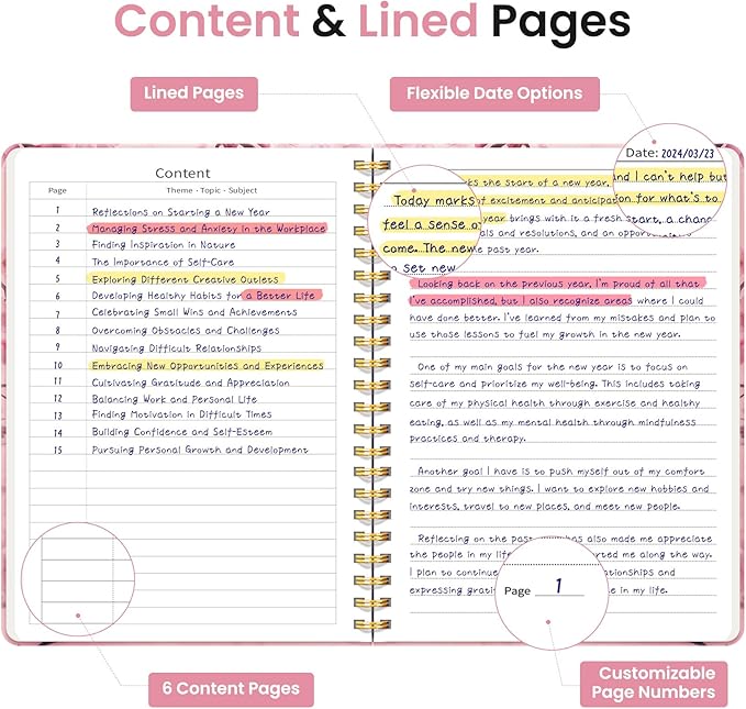 Lined Spiral Journal Notebook for Women, Pretty A5 College Ruled Hardcover Notebook for Work & Note Taking, Cute Aesthetic Journal for Writing, 140 Pages, Pink Floral & Butterfly