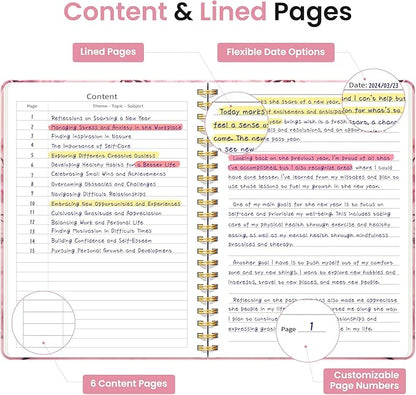 Lined Spiral Journal Notebook for Women, Pretty A5 College Ruled Hardcover Notebook for Work & Note Taking, Cute Aesthetic Journal for Writing, 140 Pages, Pink Floral & Butterfly