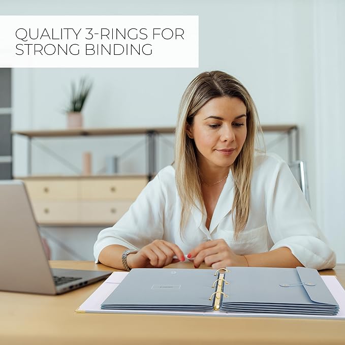 Aesthetic Document Organizer - Sturdy Linen 3-Ring Binder Safely Stores All Your Important Documents and Files in One Place - Easy to Use Expanding Storage Folder Incl. Envelopes, Pockets & Labels