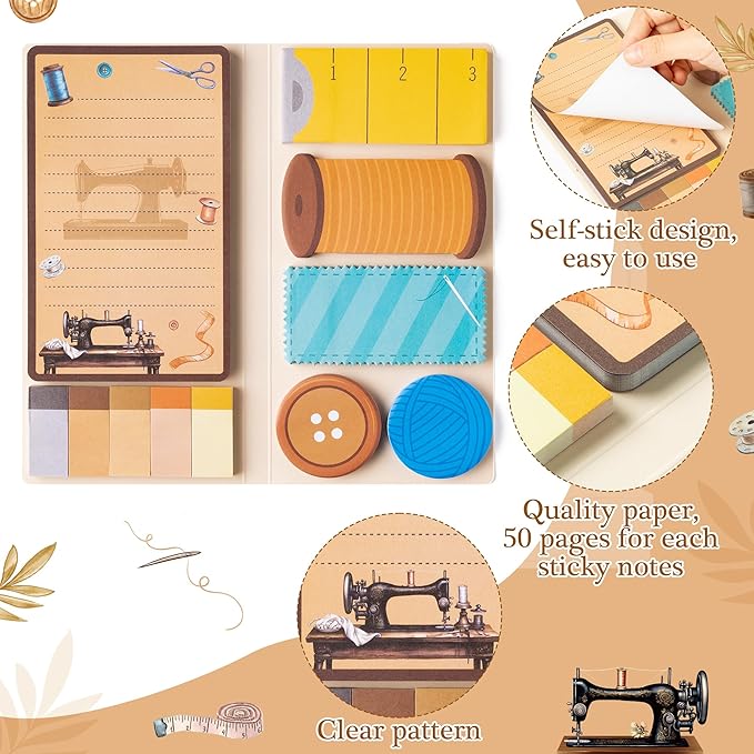 Retro Sewing Sticky Notes Set - Any Day Spent Sewing is A Good Day Self-Stick Note Pads Teacher Appreciation Notepads Writing Memo Pad Page Marker Back to School Office Supplies, 550 Sheets