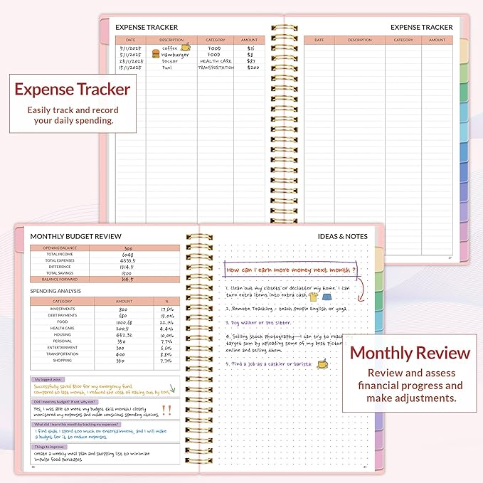 SUNEE Budget Planner - Monthly Budget Book with Expense Tracker Notebook, Undated 12 Month Bill Organizer & Finance Planner to Manage Your Money, A5(6.4" x 8.3") Account Book with Colorful Tab, Pink
