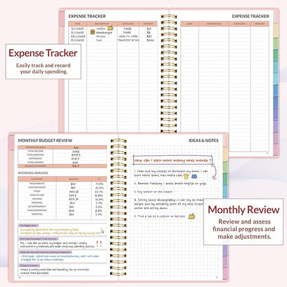 SUNEE Budget Planner - Monthly Budget Book with Expense Tracker Notebook, Undated 12 Month Bill Organizer & Finance Planner to Manage Your Money, A5(6.4" x 8.3") Account Book with Colorful Tab, Pink