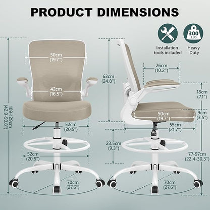 FelixKing Drafting Chair Ergonomic Tall Office Chair, Breathable Mesh Chair with Adjustable Footrest Ring Lumbar Support Flip-up Armrests, High Back Executive Comfy Task Computer Chair for Home Office
