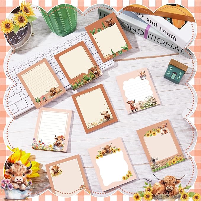 Sabary 9 Pads Sticky Notes 3.15 x 3.94 Inches Cute Self Sticky Note Pads Colored Adhesive Notepad for Memo Reminder Journal Studying Office Home Gift(Highland Cow)