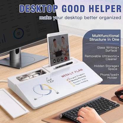 SELEAD Desktop Glass Whiteboard with Ultrasonic Cleaner Machine - Dry Erase White Board Computer Pad Keyboard Stand with Organizer for Home, School, Office Desk Accessories