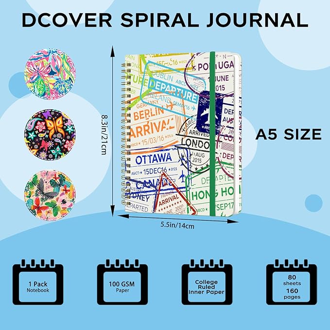 Spiral Notebook - A5 Spiral Notebooks, 8.3'' × 5.8'', 160 Pages, Aesthetic Journaling Notebooks for Women, College Lined Notebook with Elastic Closure, Back Pocket, for School Office, stampA
