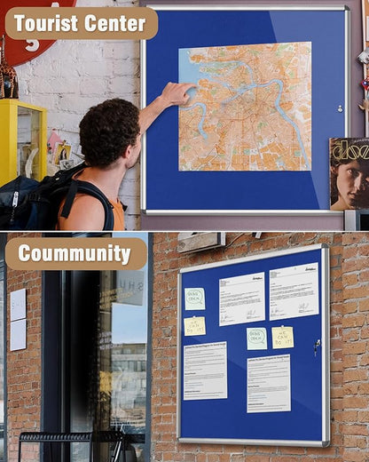 38"x38" Enclosed Bulletin Board, Lockable Weather-Resistant Aluminum Cork Noticeboard for School & Office, Silver Frame w/Blue Flet