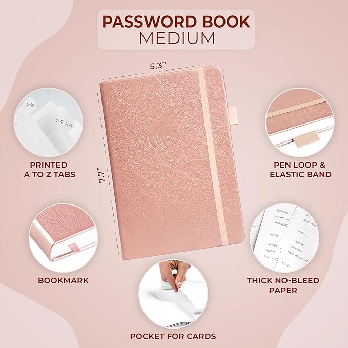 Clever Fox Password Book with Alphabetical tabs. Internet Address Organizer Logbook. Medium Password Keeper for Website Logins (Rose Gold)