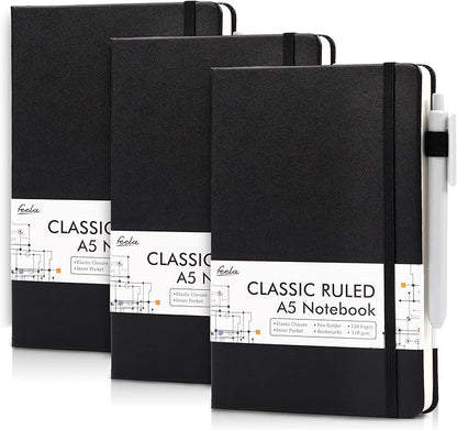 feela 3 Pack Notebooks Journals Bulk with 3 Black Pens, A5 Hardcover Notebook Classic Ruled Lined Journal Set with Pen Holder for Work Business Journaling Note Taking, 120 GSM, 5.1”x8.3”, Black