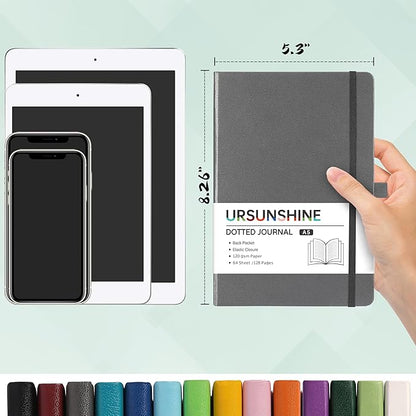 Dotted Journal/Notebook - Dot Grid Hard Cover Notebook, Premium Thick Paper with Fine Inner Pocket, Black Smooth Faux Leather, Pen Loop, 5.3'' x 8.26'' - Gray