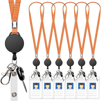 6 Pack Retractable Badge Lanyards and ID Badge Holder, Strap Lanyard with Swivel Metal Clasp for Badge Holders, Keychains, Offices, Staff, Students, Employees, Orange