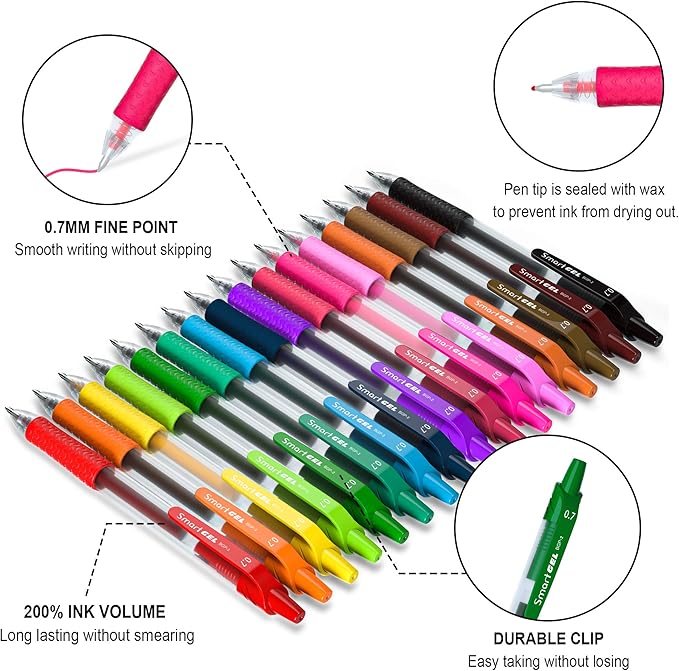 Smart Color Art Gel Pens Set 16 Colors Medium Point Colored Pens Retractable Gel Ink Pens with Comfort Grip,Smooth Writing for Journal Notebook Planner in Office Home