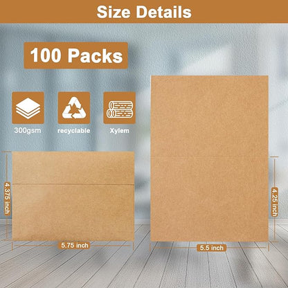 100 Packs Brown Blank Greeting Cards and Envelopes 4.25 x 5.5 Heavyweight Folded Cardstock and Printable A2 Envelopes Self Seal for Invitations, Wedding, Thank You Cards, Mailing