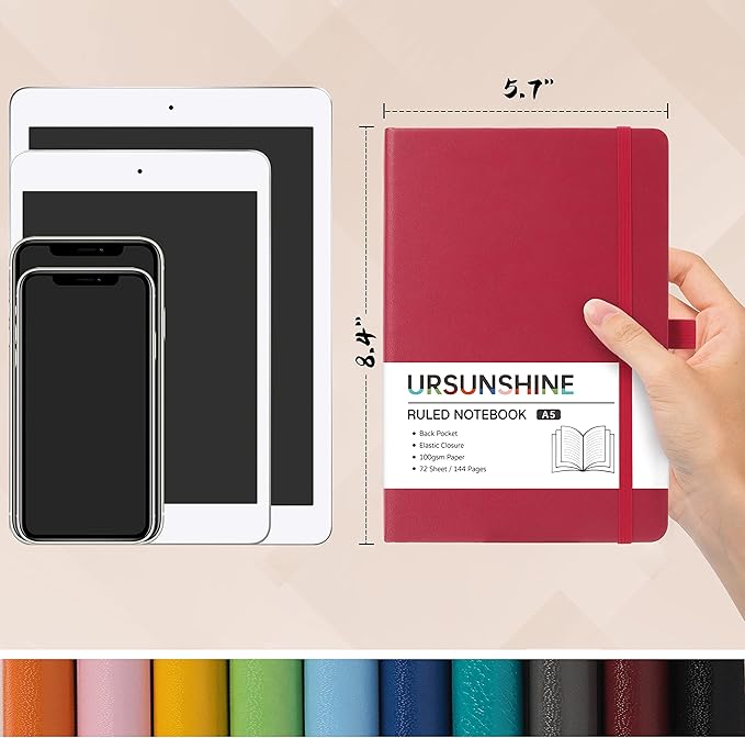 Ruled Notebook/Journal - Classic Lined Journal/Notebook, Hardcover with Thick Paper, 5.3" x 8.26", Banded + Pen Holder +Inner Pocket - Burgundy