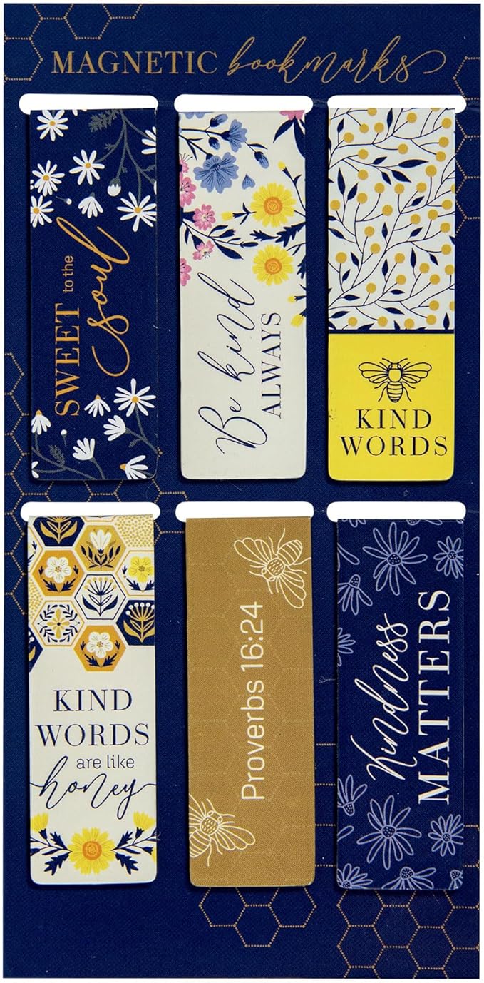 Christian Art Gifts Colorful Inspirational Magnetic Scripture Bookmark Set for Women: Kind Words are Like Honey Themed Navy Blue & Yellow Multicolor Floral Theme for Books, Bibles, Papers, Set of 6