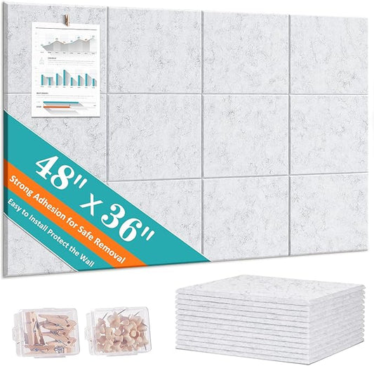 Large Cork Board for Walls - 12 Pack Felt Wall Tiles with Safe Removable Adhesive Tabs - 48" x 36" Bulletin Board for Office & School & Home Decor - Marble White