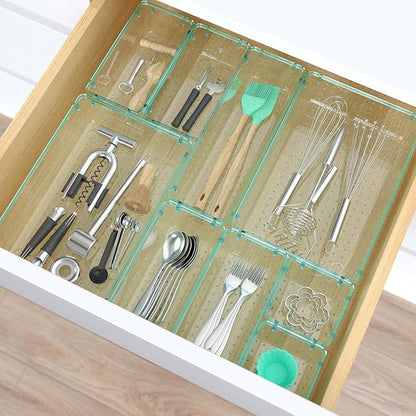 28 PCS Clear Plastic Drawer Organizers Set, 4 Size Desk Drawer Organizer Trays for Makeup, Jewelry, Kitchen Utensils, Gadgets and Office Accessories, Sea Blue