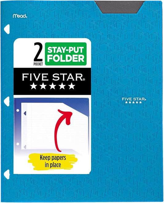 Five Star 2-Pocket Folder, Plastic Folder with Stay-Put Tabs, Fits 3 Ring Binder, Holds 8-1/2" x 11" Paper, Blue (333420H-ECM)