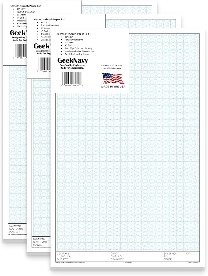 11" x 17" Isometric Graph Paper 50 Sheets Portrait - 0.25" Grid, Non-photo Blue, High Brightness, Drafting, Engineering, Art, 3D Design (3-Pack)