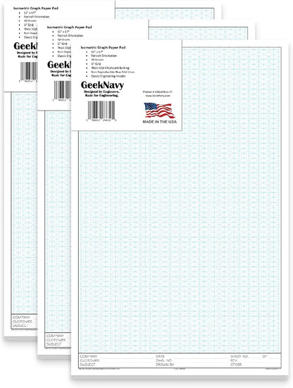 11" x 17" Isometric Graph Paper 50 Sheets Portrait - 0.25" Grid, Non-photo Blue, High Brightness, Drafting, Engineering, Art, 3D Design (3-Pack)