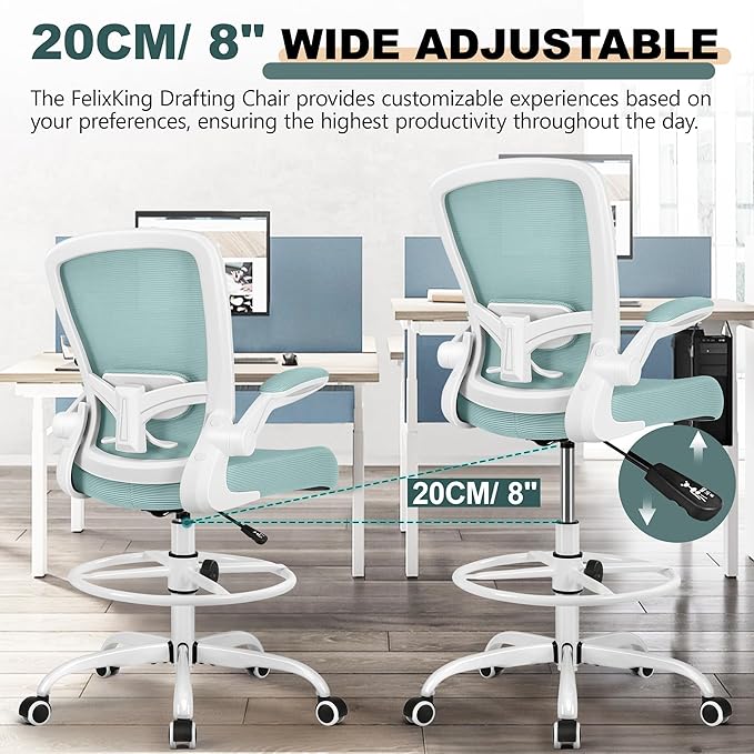 FelixKing Drafting Chair Ergonomic Tall Office Chair, Breathable Mesh Chair with Adjustable Footrest Ring Lumbar Support Flip-up Armrests, High Back Executive Comfy Task Computer Chair for Home Office