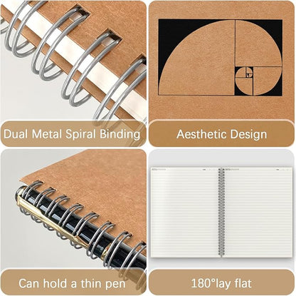A4 Lined Spiral Notebook, 2 Pack Large Spiral Journal for Writing, 200 Pages 100gsm Thick Lined Paper Notebooks for Work, Class, Taking Notes, Drawing - Kraft Brown Cover, 8.5" x 11"