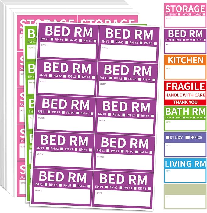 170 Home Moving Labels, 3.4 x 2 inches, 8-Color Coded Packing Box Stickers with Fragile and Blank Customizable Labels