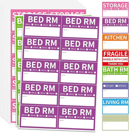 340 Home Moving Labels, 3.4 x 2 inches, 8-Color Coded Packing Box Stickers with Fragile and Blank Customizable Labels