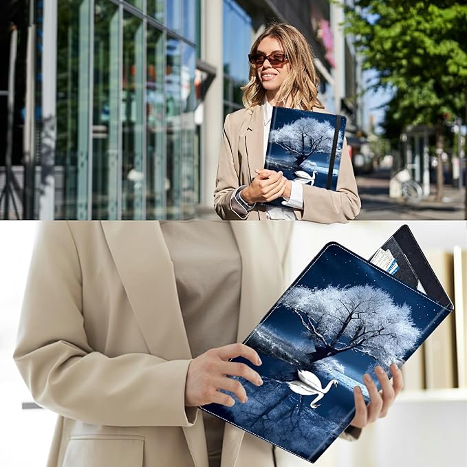 PU Leather Padfolio Folder Clipboard Portfolios Organizer Conference Document Organizer with Business Card Holder Storage Clipboard Writing Pad,Swan and Tree