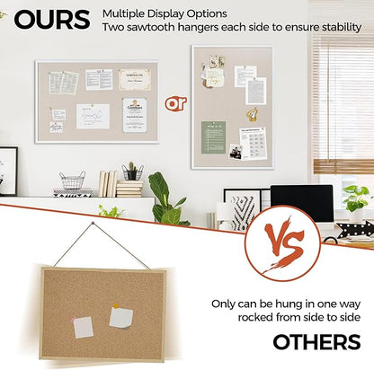 Fun Memories Cork Board Bulletin Board for Office, 24" x 36" Oak Wooden Framed Corkboard, Wall Mounted Notice Pin Board for School Home & Office, White