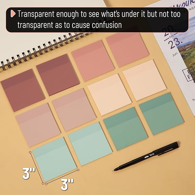 Mr. Pen- Transparent Sticky Notes, 3”x3”, Boho Colors, 12 Pads, 600 Sheets, See Through Sticky Notes, Bulk Sticky Notes Transparent, Translucent Sticky Notes, Clear Transparent Sticky Notes Clear