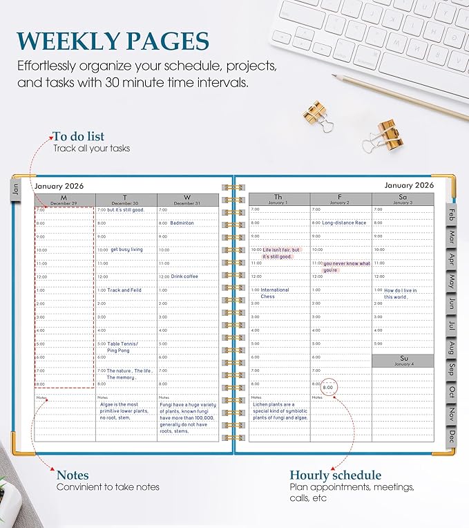 2026 Planner, Weekly and Monthly Calendar Planner from January 2026 - December 2026, 5.75" x 8.38" Hardcover Leather Hourly Appointment Book with Tabs, A5 Spiral Daily Planners for College School Work Home, Sky Blue