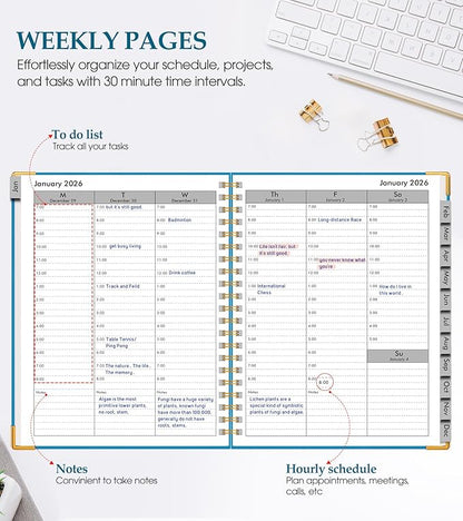2026 Planner, Weekly and Monthly Calendar Planner from January 2026 - December 2026, 5.75" x 8.38" Hardcover Leather Hourly Appointment Book with Tabs, A5 Spiral Daily Planners for College School Work Home, Sky Blue