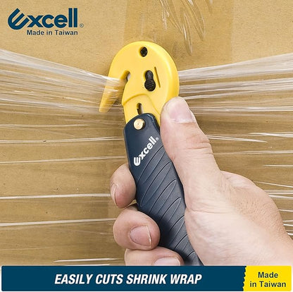 Excell Stretch Film Cutter with Carton Opener, Ergonomic Film Cutting Blade Safe and Efficient Cutting for Cryovac, Plastic Bags, Shrink Wrap, Box, Straps (W/Carton Opener)